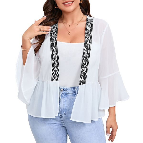 

Женский плюс сайз шифоновый кардиган с открытой передней частью и рукавом 3/4 Clearflower, White