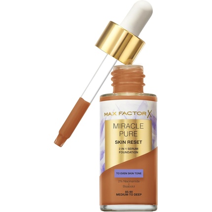 

Miracle Pure Skin Reset Serum Foundation 85-90 Medium to Deep Формула сыворотки 2-в-1 Здоровый вид кожи Среднее покрытие Атласно-матовый финиш 2% ниацинамида Протестировано дерматологами Max Factor