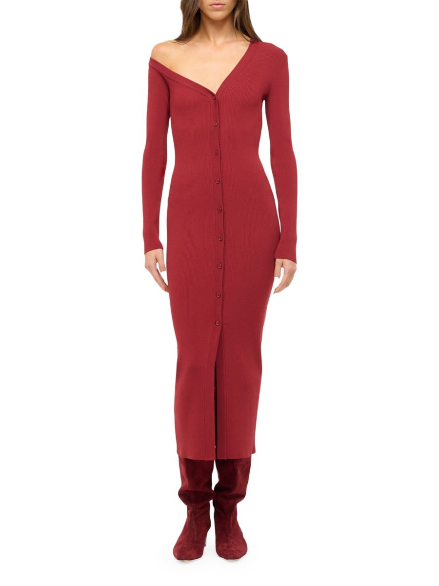 

Асимметричное платье-миди Craftsman из трикотажа в рубчик Staud, цвет Syrah