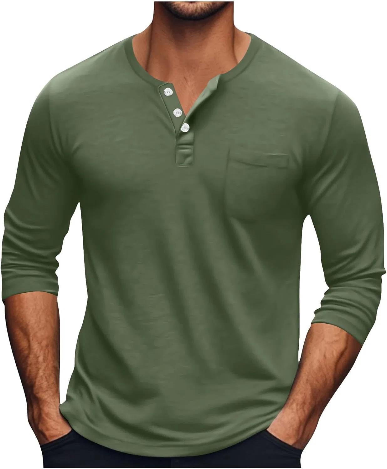 Футболка с длинным рукавом, хлопковая, с карманом, Army Green
