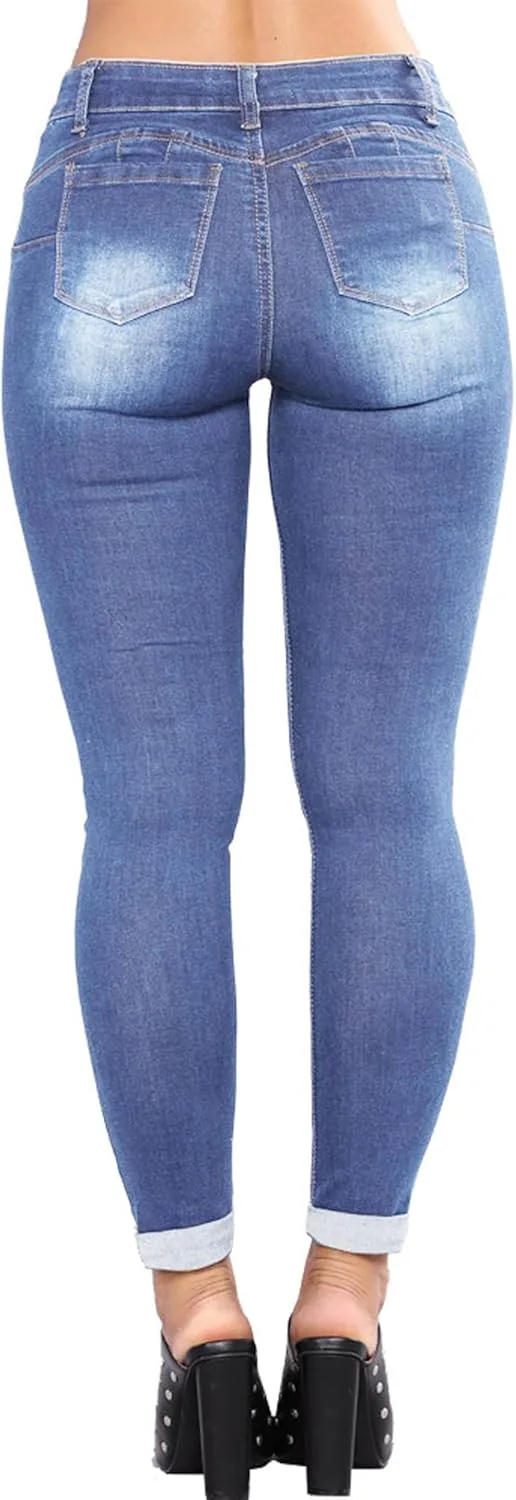 Женские потертые рваные скинни джинсы Mid Waist с дырками Casual Denim Stretch Destroyed Blue — фото 3