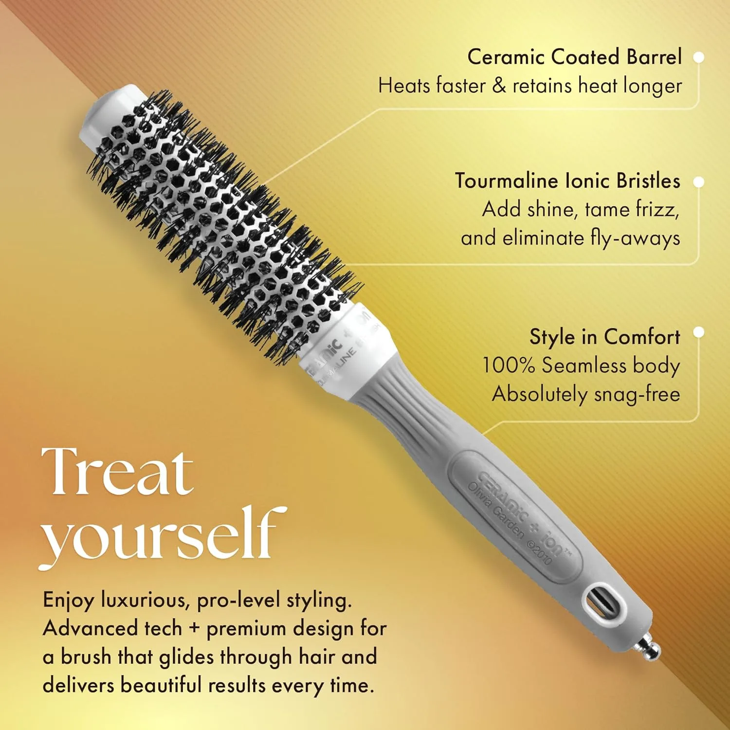 Термощетка для укладки волос Olivia Garden Ceramic + Ion Round Thermal Hair Brush - не электрическая - профессиональная щетка для нормальных и густых волос. 2,5 см, White/Grey — фото 3