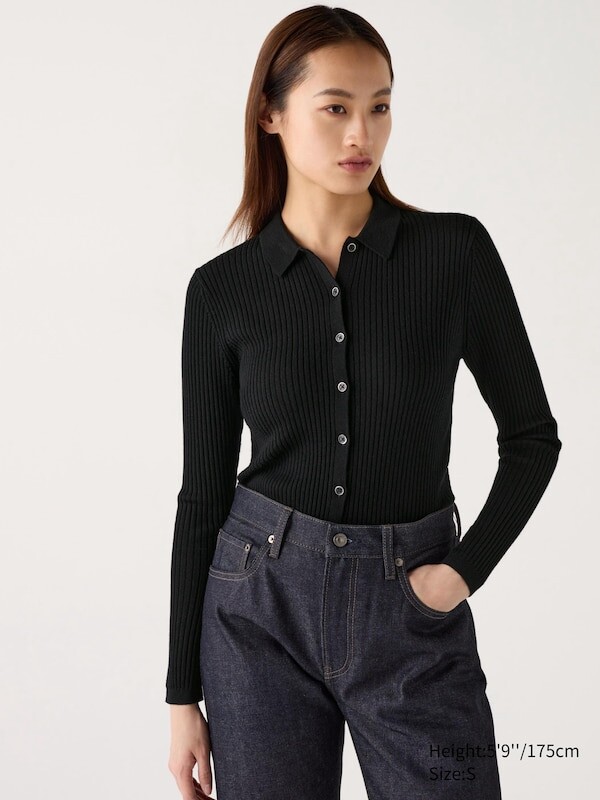 

Кардиган поло в рубчик из мериноса Uniqlo, черный