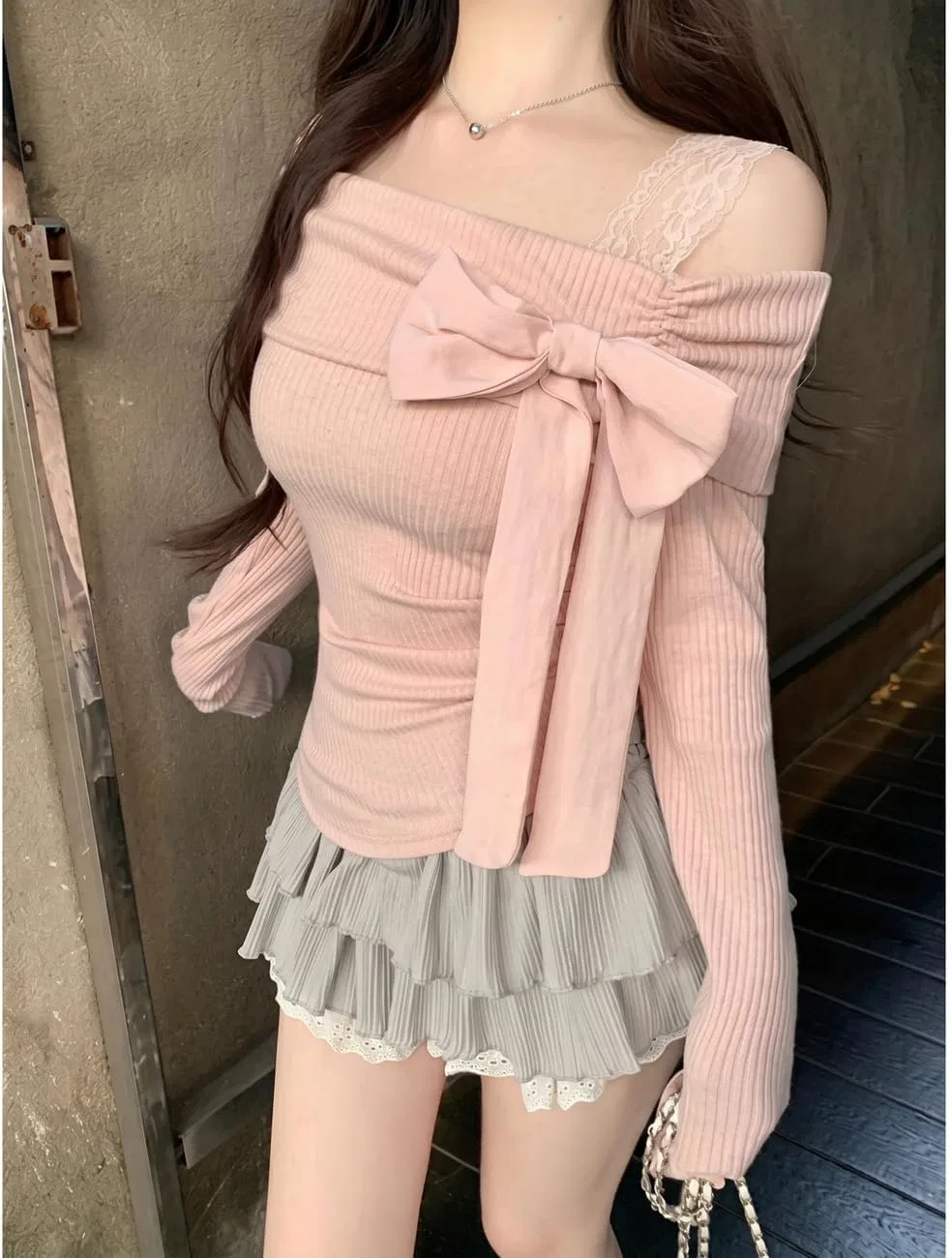 Блуза с открытыми плечами, кружево, Rib-knit, абрикосовый — фото 3