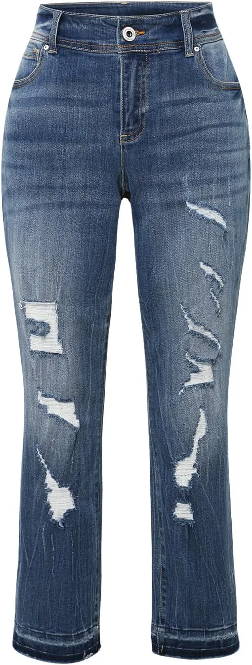

Женские синие джинсы Mid Waist с потертостями, Slim Fit, прямой крой