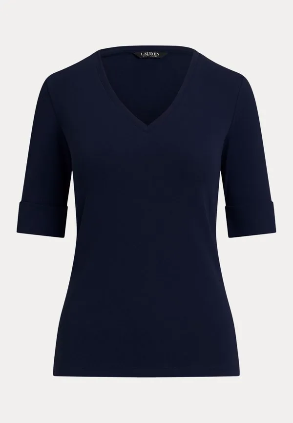 

Футболка из эластичного хлопка с рукавами до локтя и v-образным вырезом, базовая футболка. Lauren Ralph Lauren, Navy, Синий, Футболка из эластичного хлопка с рукавами до локтя и v-образным вырезом, базовая футболка. Lauren Ralph Lauren, Navy