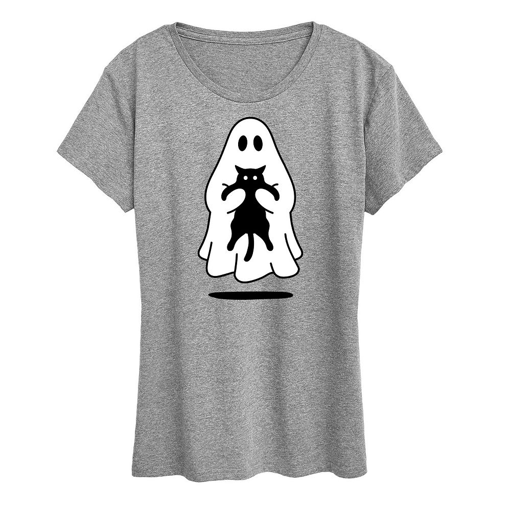 

Женская футболка с рисунком Ghost Holding Black Cat, цвет Heather Gray