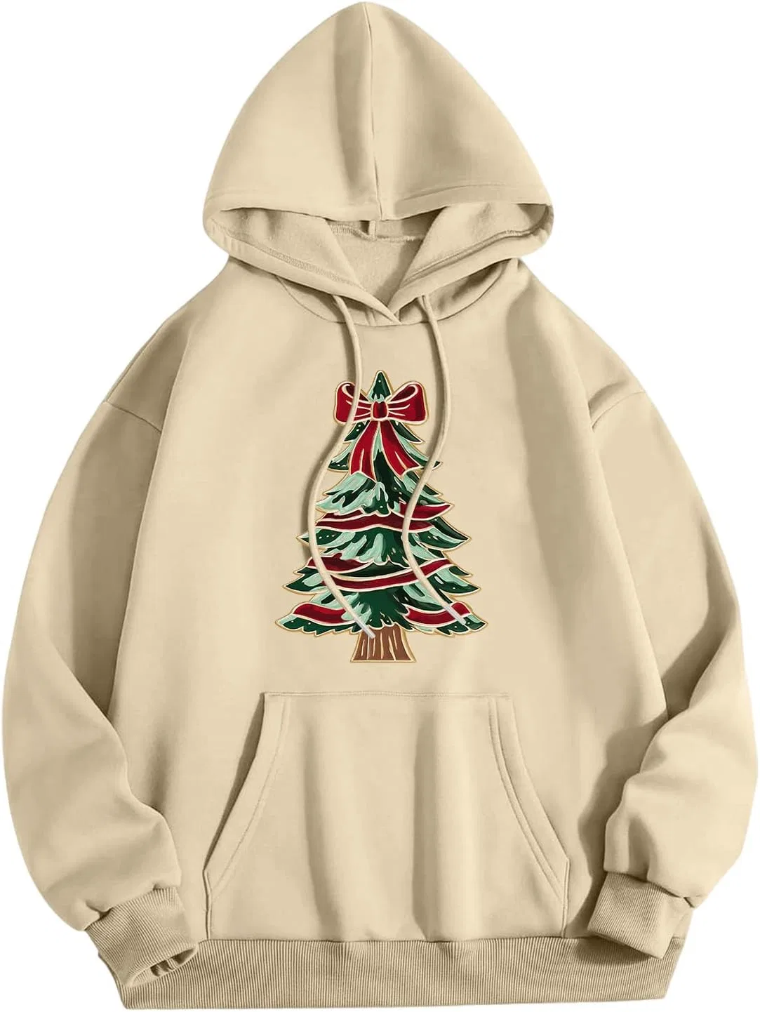 Худи женское с принтом елки, на завязках, свободный крой, Cream Colored — фото 4