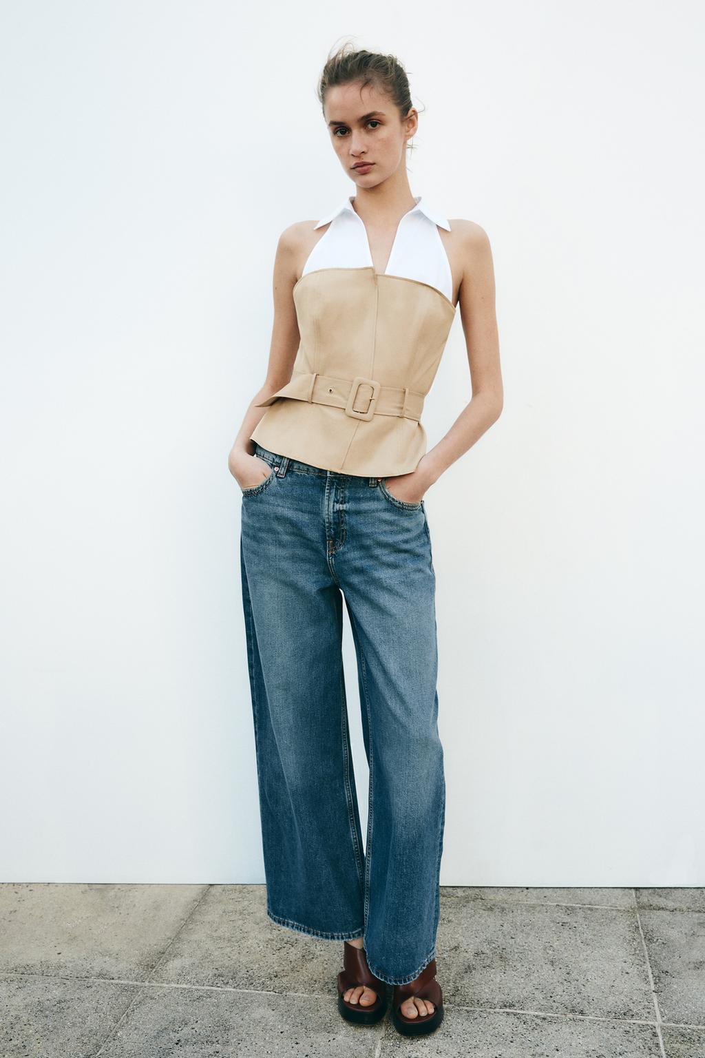 

Контрастный топ на бретельках ZARA, кэмел