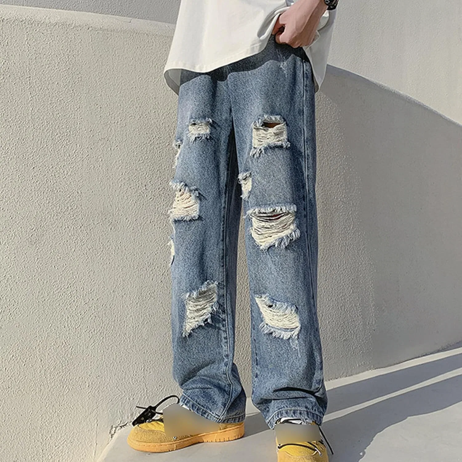 Джинсы прямые свободные Men's Distressed Straight Fit Baggy Jeans, синие — фото 2