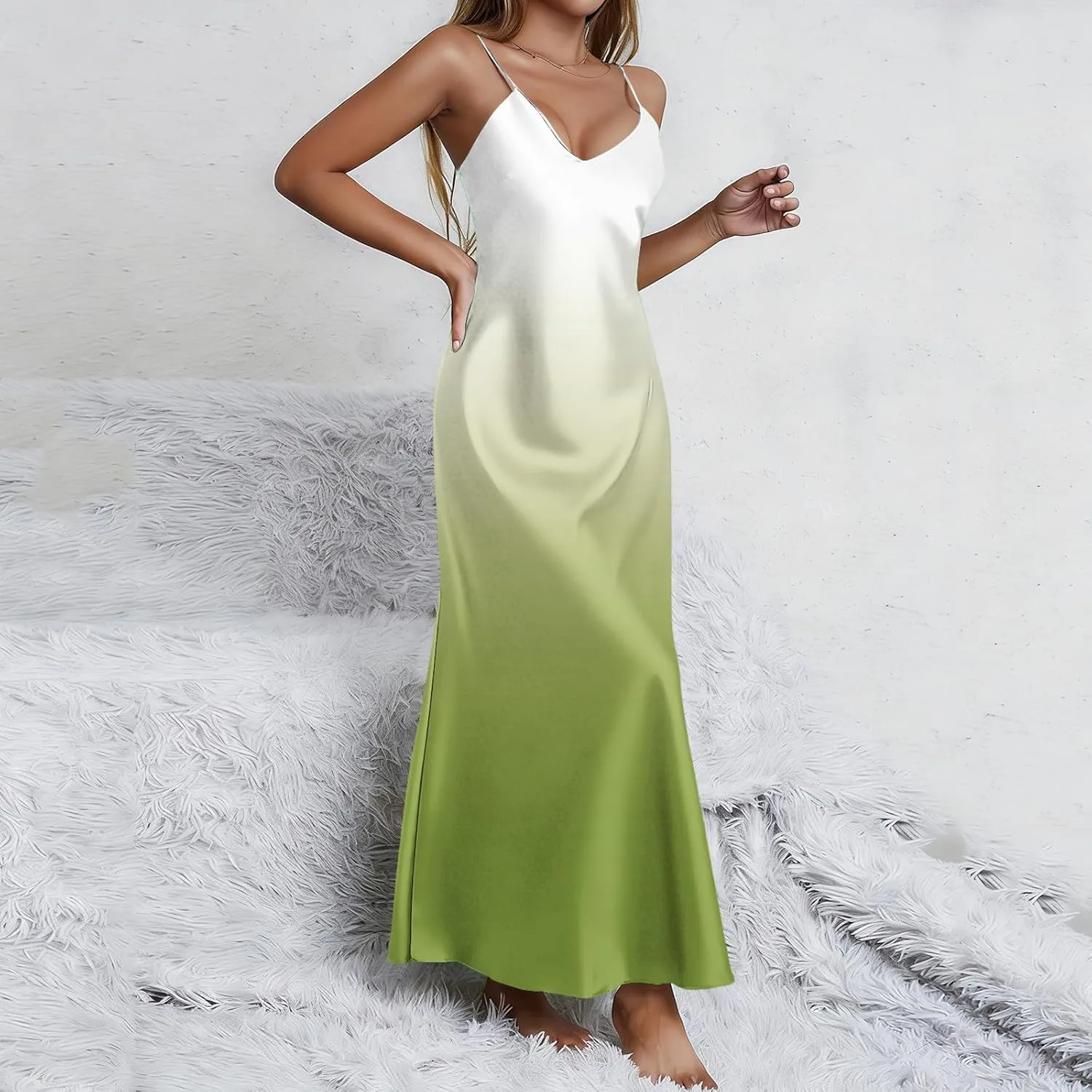 Летнее платье для женщин Satin на тонких бретелях с открытой спиной Maxi Formal Gradient для свадебных гостей с разрезом Generic, мультиколор — фото 3