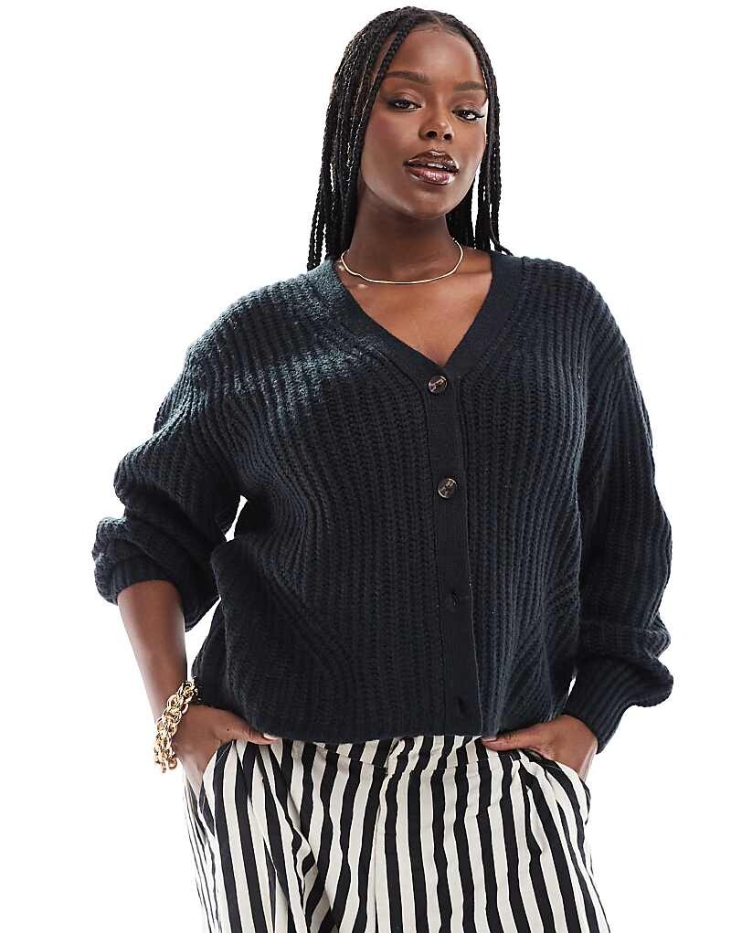 

ASOS DESIGN Curve – Черный пушистый кардиган в рубчик с V-образным вырезом