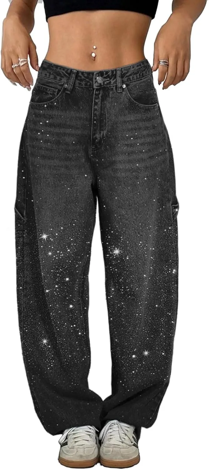 

Джинсы женские High Waisted Baggy с камнями Djeanxa