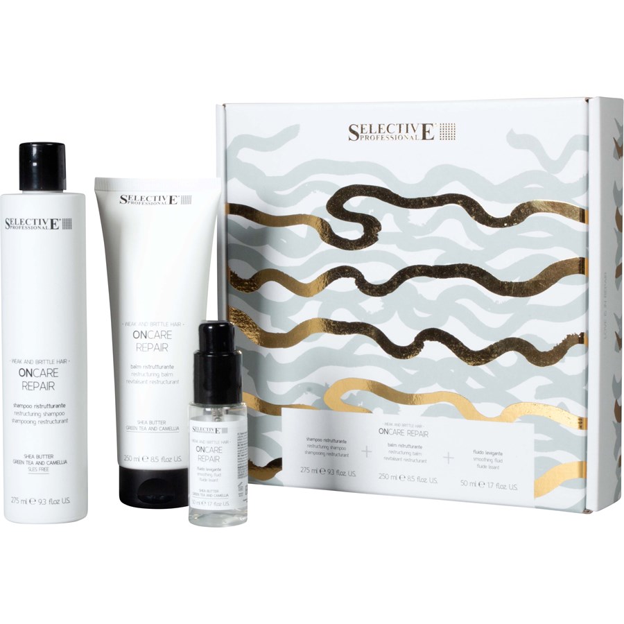 

Шампунь Selective Professional Repair Box, Restructuring Shampoo 275 ml + Restructuring Balm 250 ml + Smoothing Fluid 50 ml / 1 Stk.