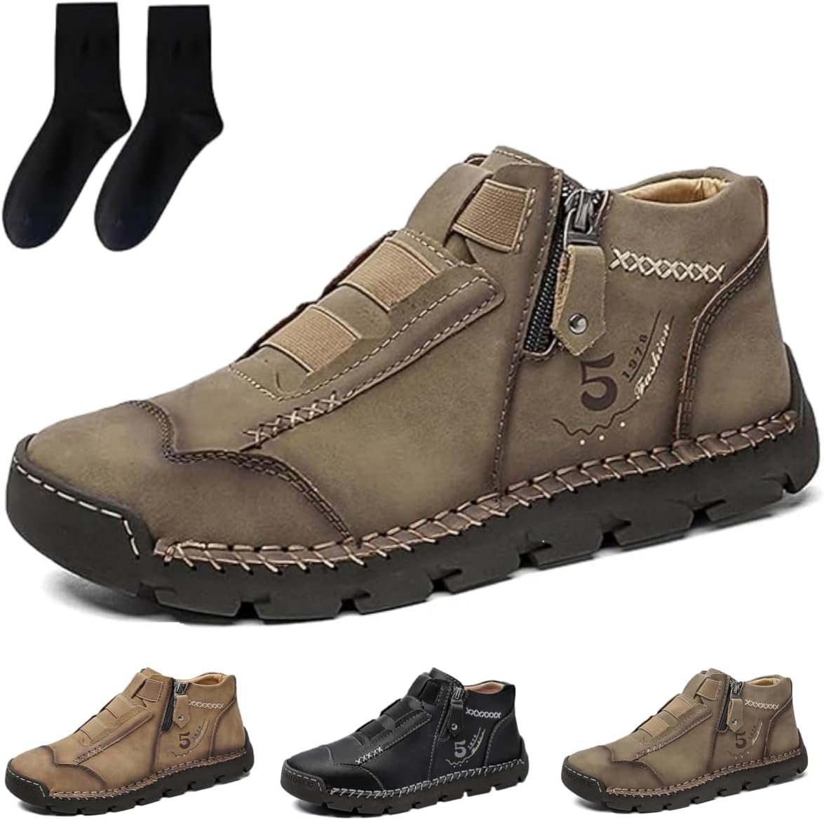 

Мужские водонепроницаемые противоскользящие модные ортопедические туфли, ортопедические лоферы на молнии сбоку для мужчин Generic, хаки