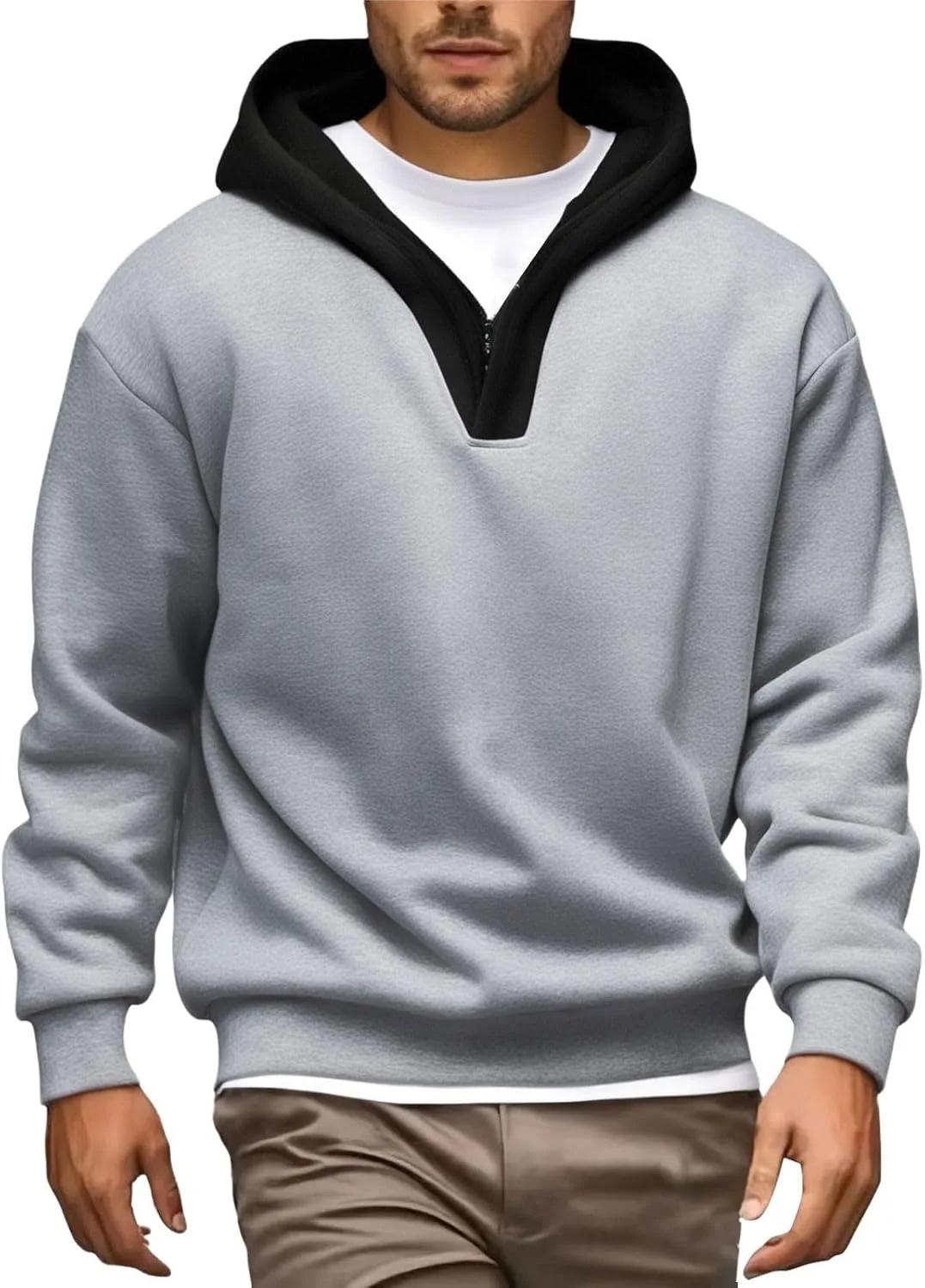 

Мужская толстовка с четвертью молнии 2025 Casual Drop Shoulder Fleece с капюшоном контрастного цвета