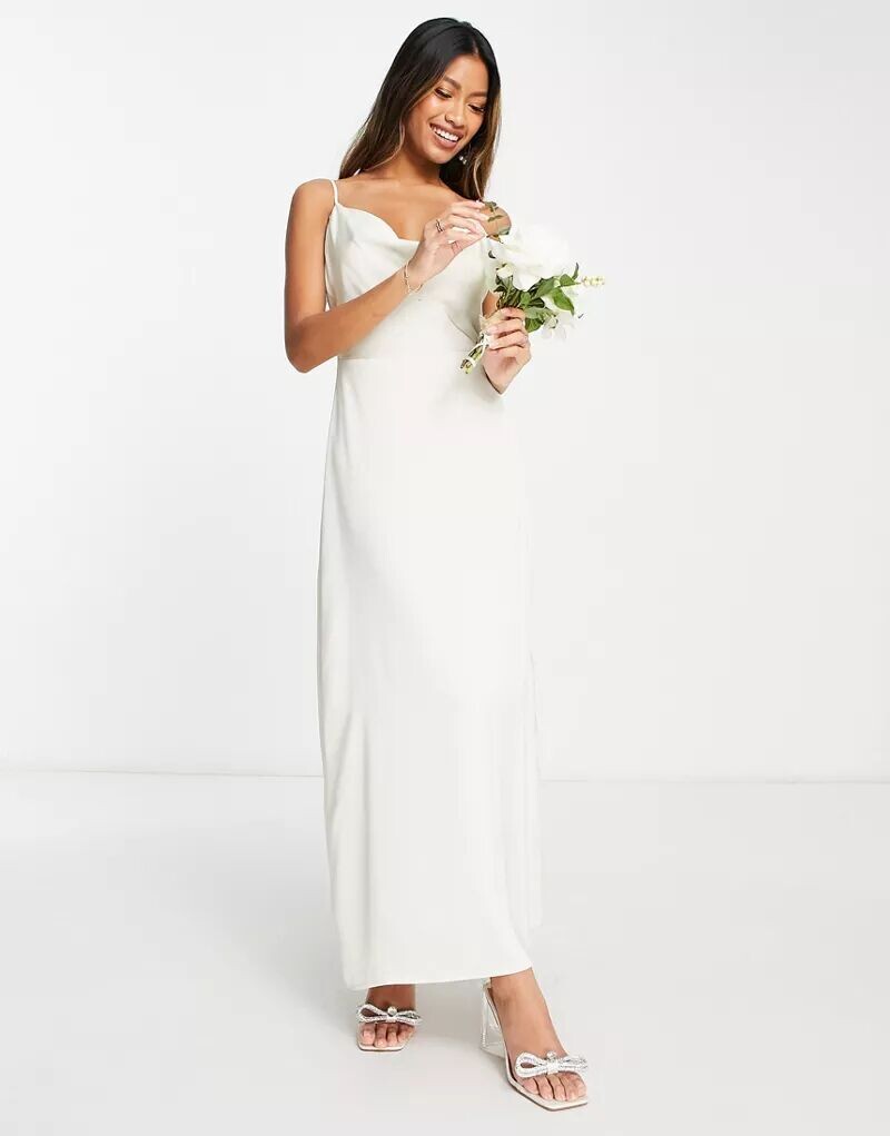 

Кремовое атласное платье макси с воротником-хомутом Vila Bridal