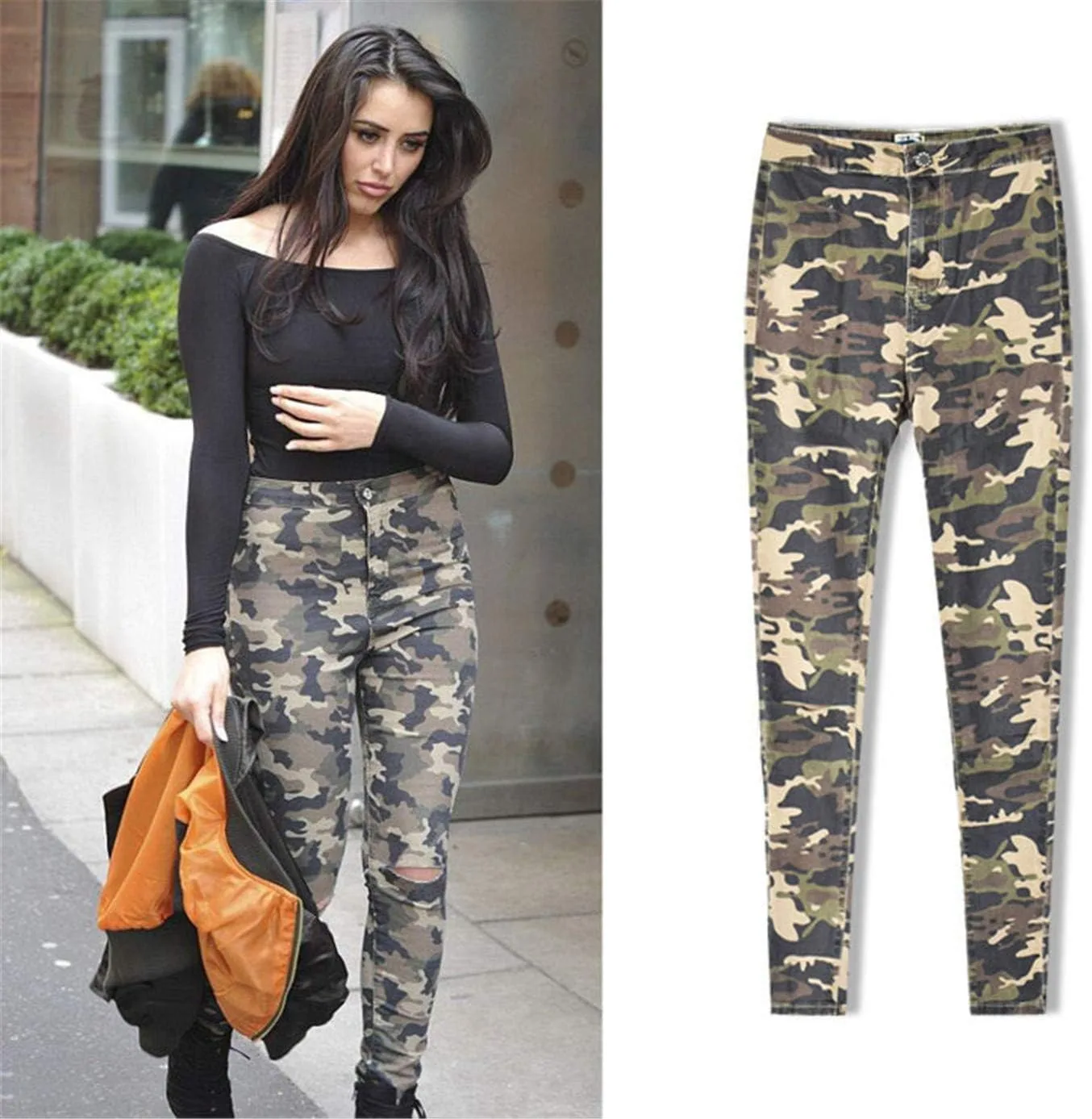 Andongnywell женские джинсы plus size stretch distressed camo skinny — фото 4