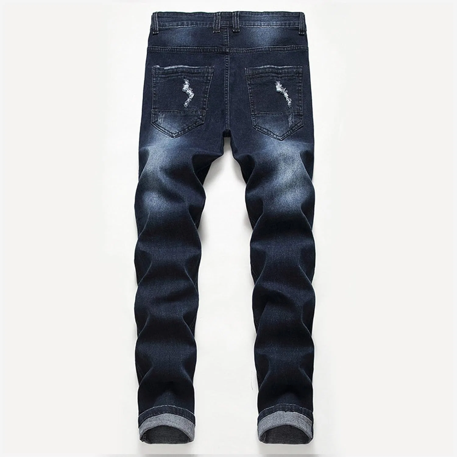 Джинсы прямые slim-fit с рваными элементами, синие — фото 4