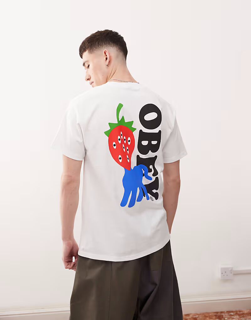 

Футболка Obey с графическим логотипом и принтом клубники на спине, белого цвета