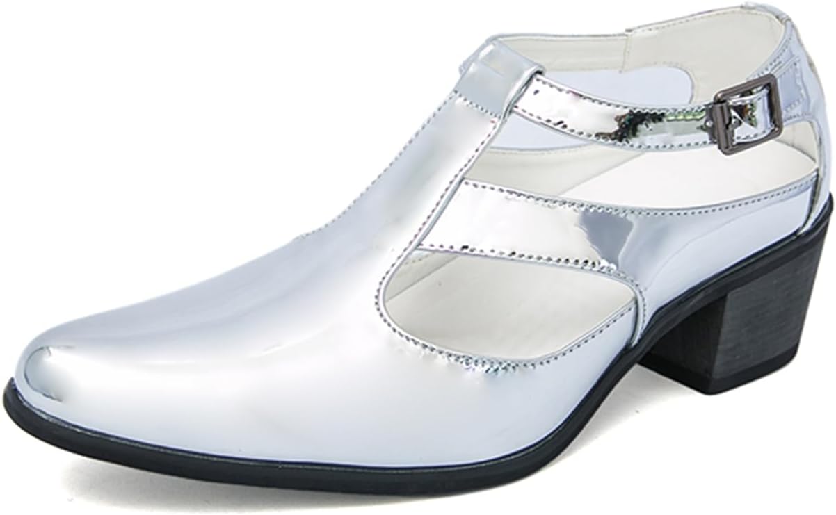 

Мужские лоферы с вырезами из блестящей лакированной кожи на высоком каблуке с пряжками, повседневные с заостренным носком, нескользящие сандалии, оксфорды для деловых, официальных свадебных и вечерних мероприятий Tixewsjh, серебро