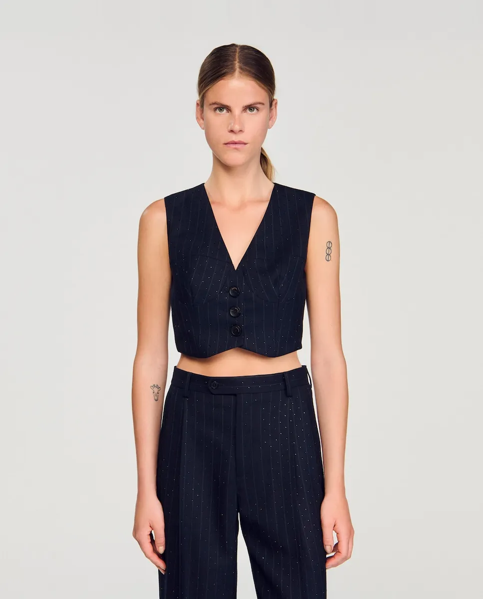 

Женский полосатый жилет со стразами Sandro, черный