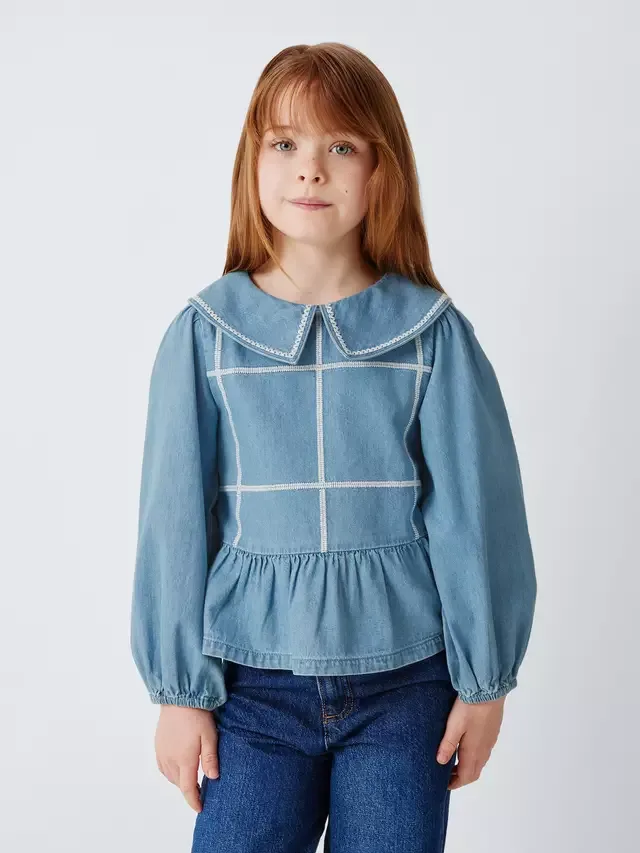 Джинсовый топ в клетку с баской, синий John Lewis