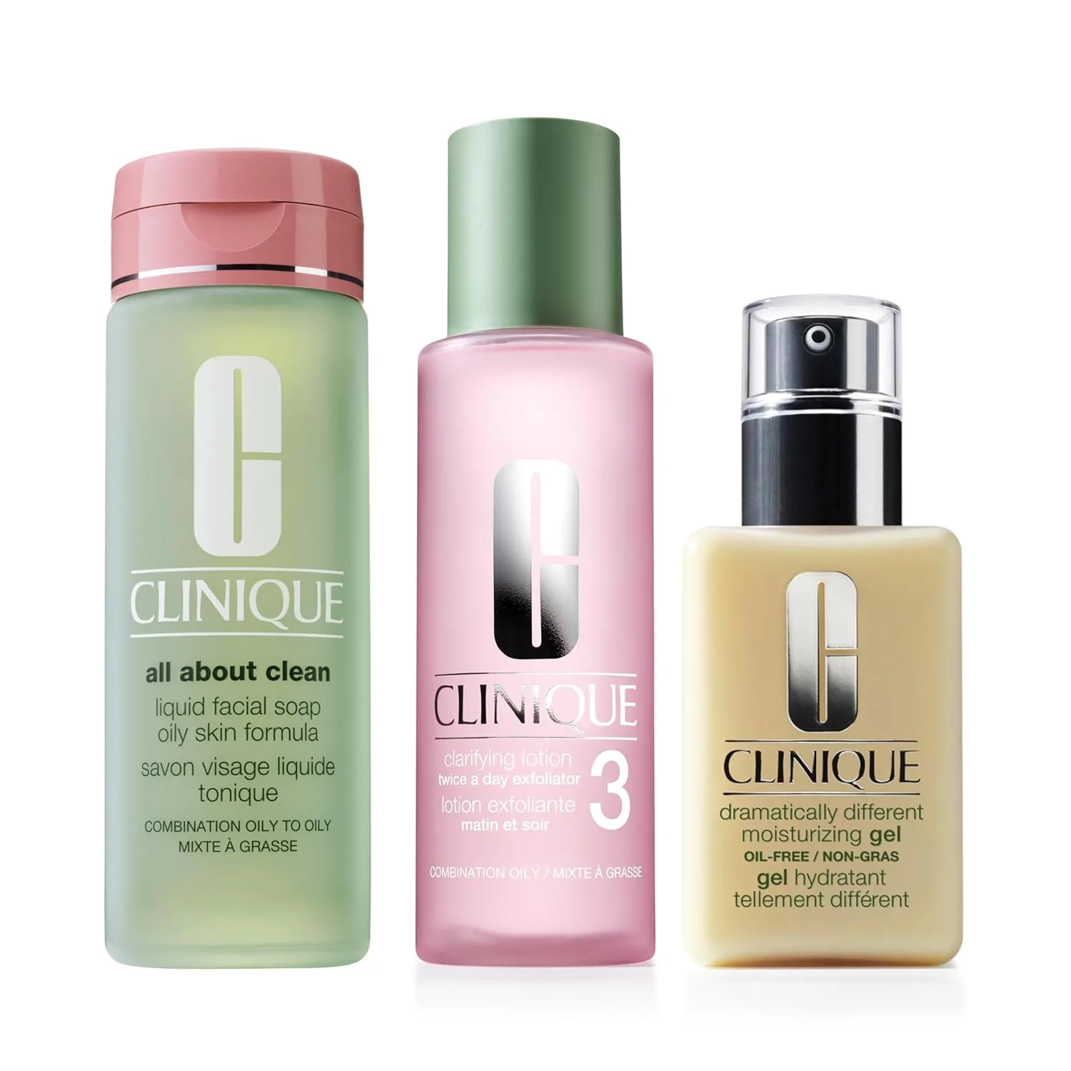 Набор Clinique 3-Step All About Clean: жидкое мыло для лица, очищающий лосьон-эксфолиант для лица и гель Dramatically Different для комбинированной и жирной кожи (полноразмерный набор)., Clear/Off White