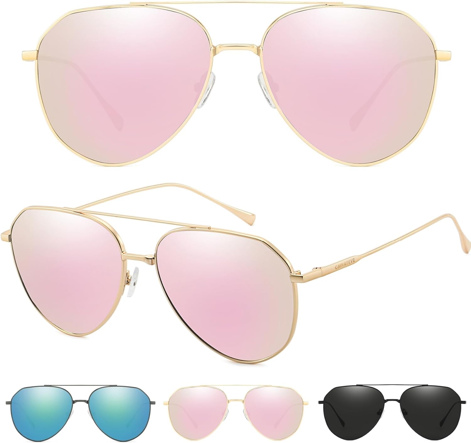 

Универсальные солнцезащитные очки-авиаторы большого размера — легкие очки-пилот, защита от УФ-излучения 400 и регулируемая носовая подушечка GMKATEYE, Gold + Pink Mirrored Lense