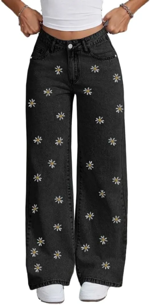 

Mywinway широкие джинсы женские с цветочной вышивкой