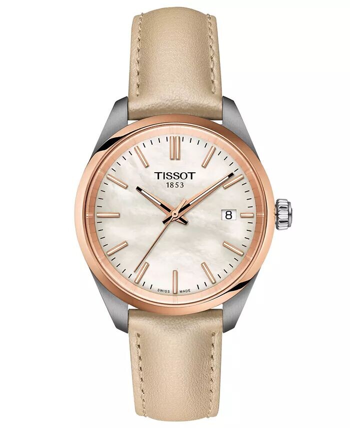 

Часы унисекс Swiss PR 100 с кремовым кожаным ремешком, 34 мм Tissot