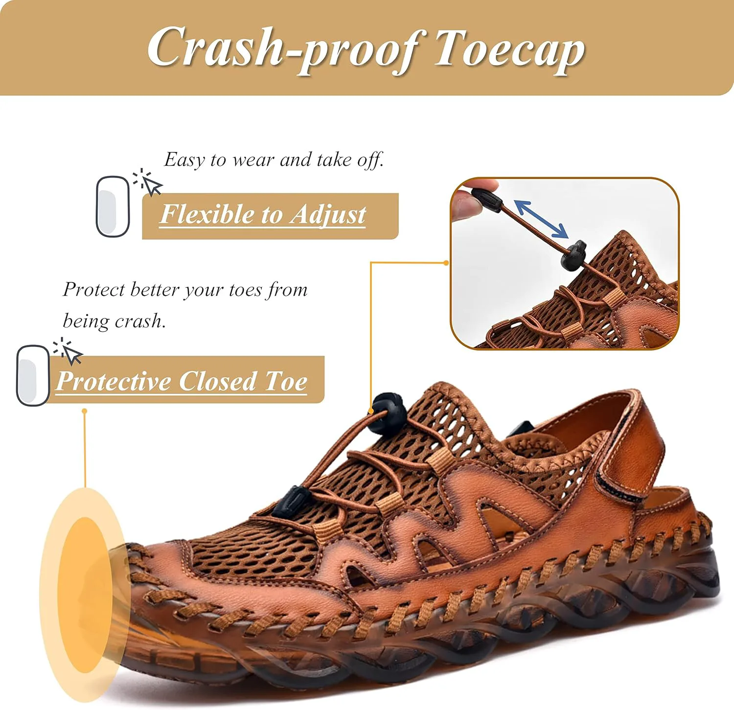 

Мужские сандалии Qiucdzi с закрытым носком, спортивные сандалии, повседневные кожаные сандалии ручной работы, регулируемые сандалии-рыбацкие для пляжа, для прогулок на улице и вождения, коричневый