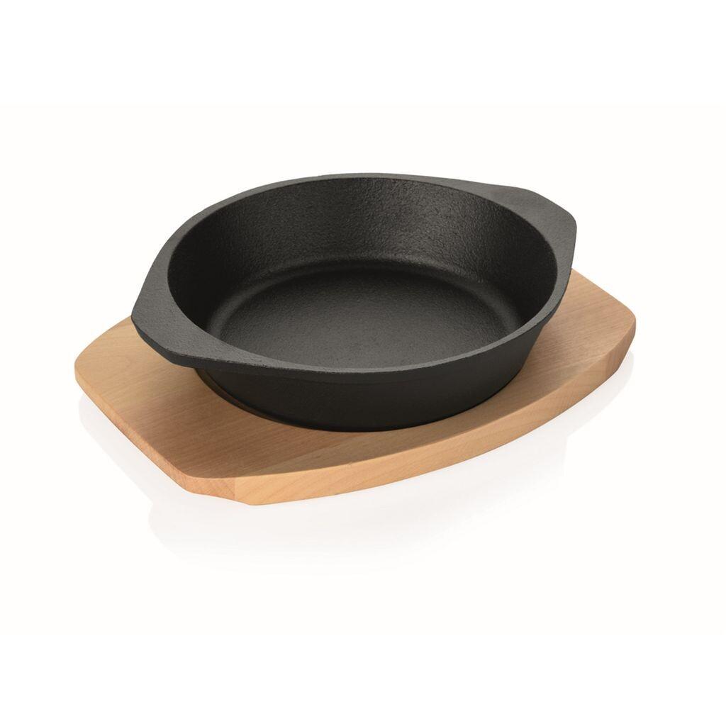 

Литая кастрюля с 2 ручками и деревянной подставкой - чугун - - Д: 18см - сервировочная кастрюля - круглая GAUMENKICK