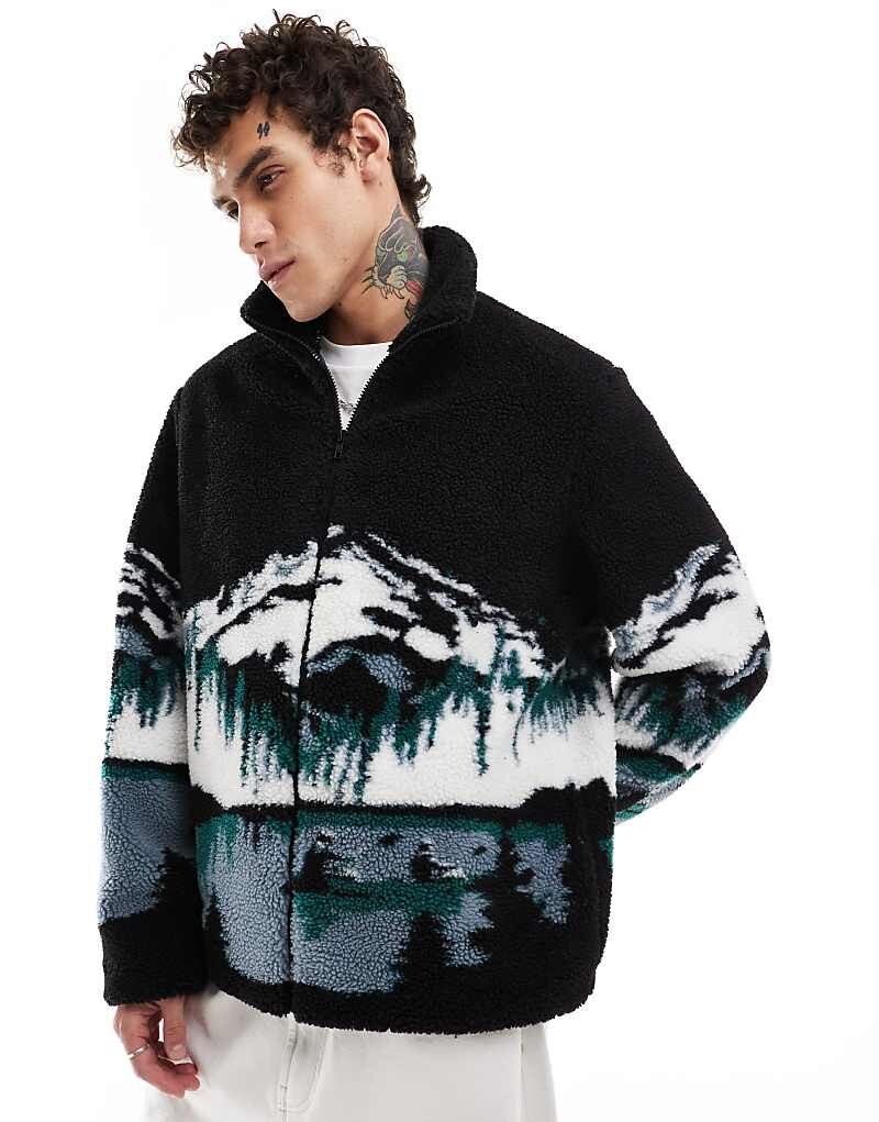 

Черная меховая куртка с пейзажным принтом ASOS DESIGN