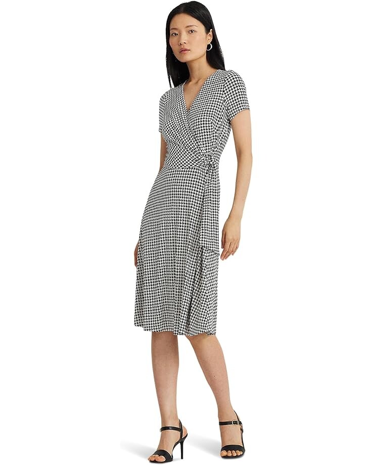 

Платье LAUREN Ralph Lauren Houndstooth Jersey Surplice, цвет Cream/Black