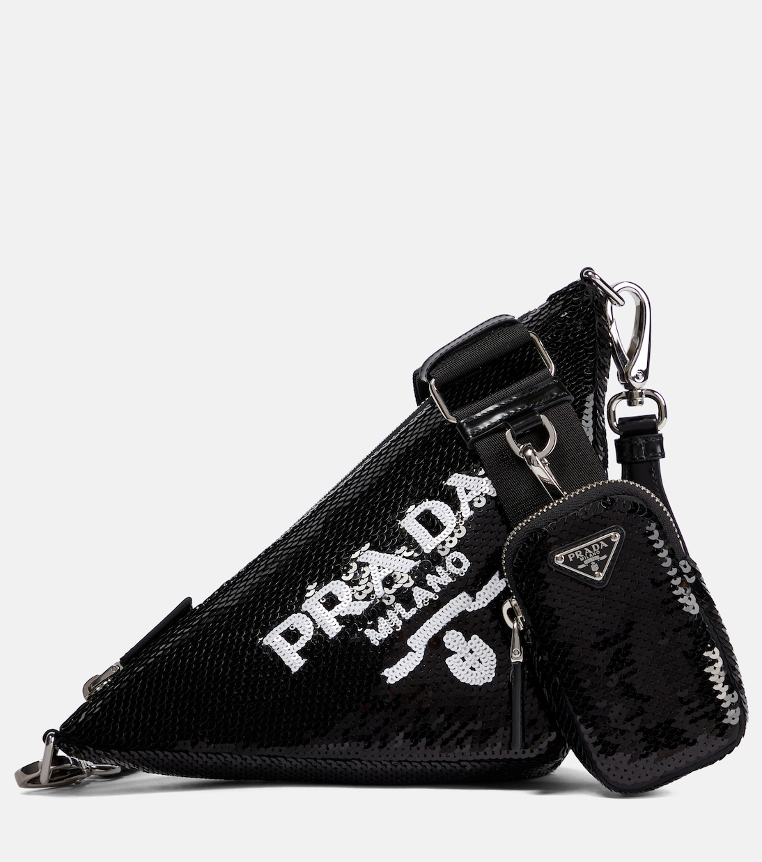 

Треугольная сумка через плечо с пайетками Prada, Nero+Bianco