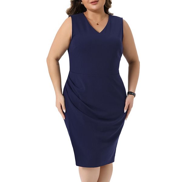 

Платье-футляр с V-образным вырезом и рукавами-фонариками для работы Agnes Orinda, Navy Blue