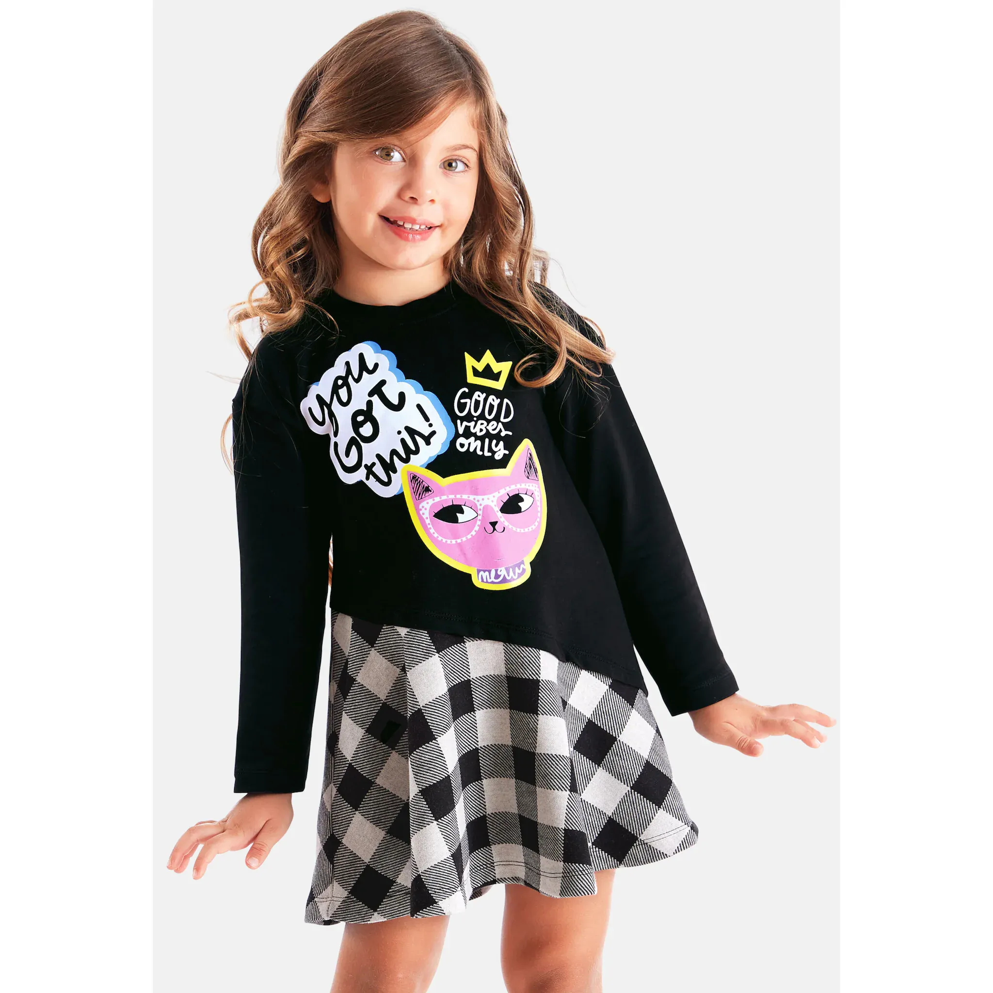 

Платье-рубашка Denokids «Cool Cat», с кошачьим принтом, черный