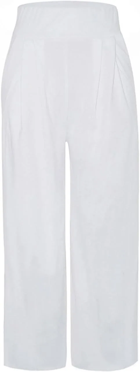 Широкие палаццо брюки для женщин на резинке с высокой талией, легкие летние струящиеся брюки с карманами, размер Large Generic, белый — фото 4