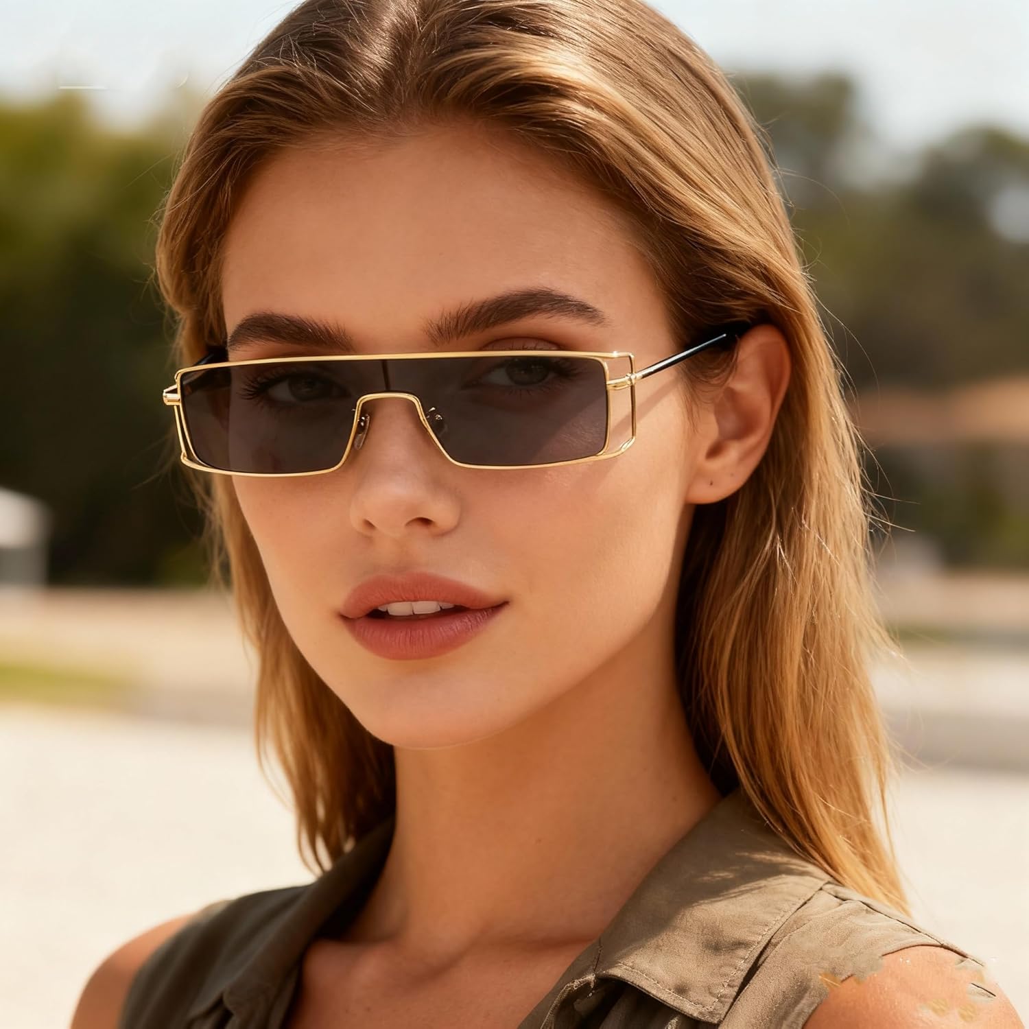 

bullabulling Маленькие солнцезащитные очки в стиле Y2K, узкие прямоугольные, женские и мужские, ретро 90-х, с оправой в виде ободка, солнцезащитные очки UV400, Gold/Black