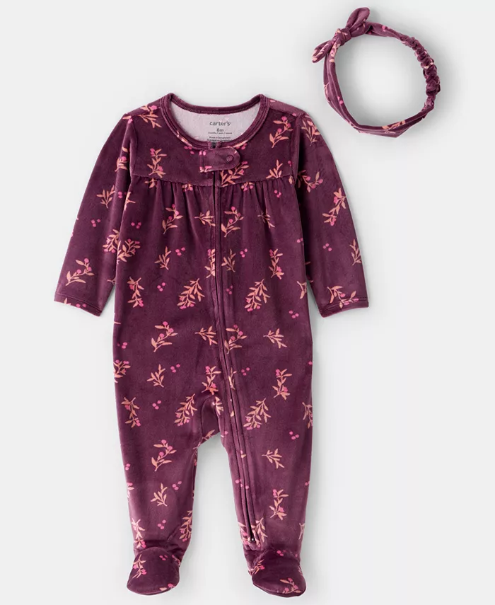 

Детский набор для девочек из 2 предметов: пижама-комбинезон с длинным рукавом в цветочном принте и повязка на голову Carter'S, красный