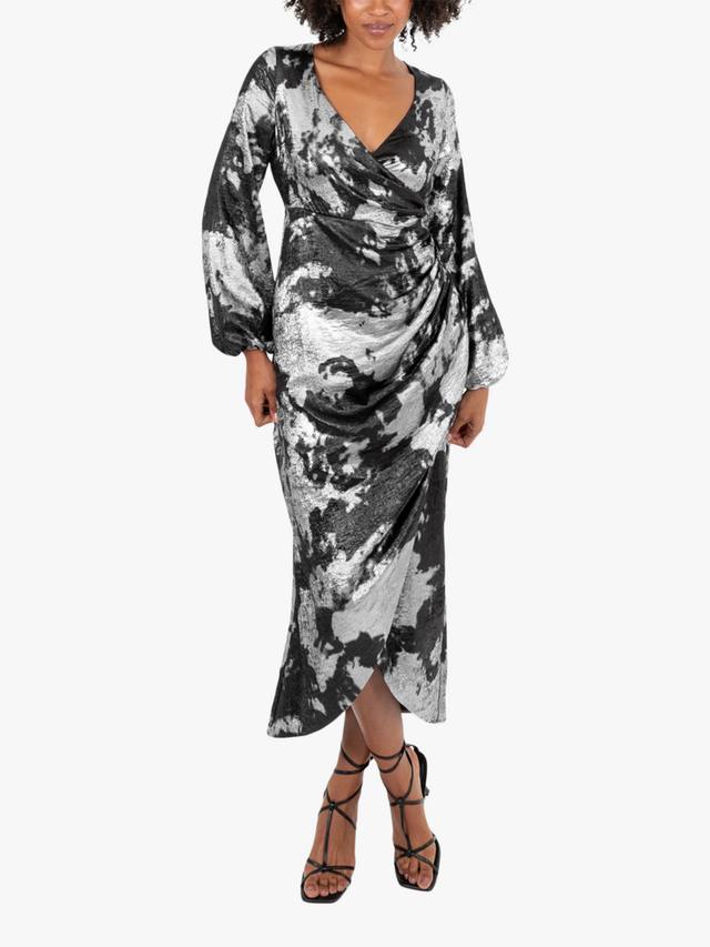 

Платье миди с асимметричным запахом и абстрактным принтом Lovedrobe, Black/Silver