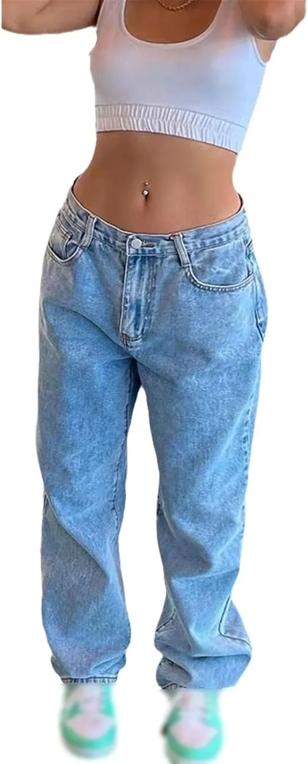 

Джинсы женские low waist baggy straight leg vintage loose blue ZouoYYii