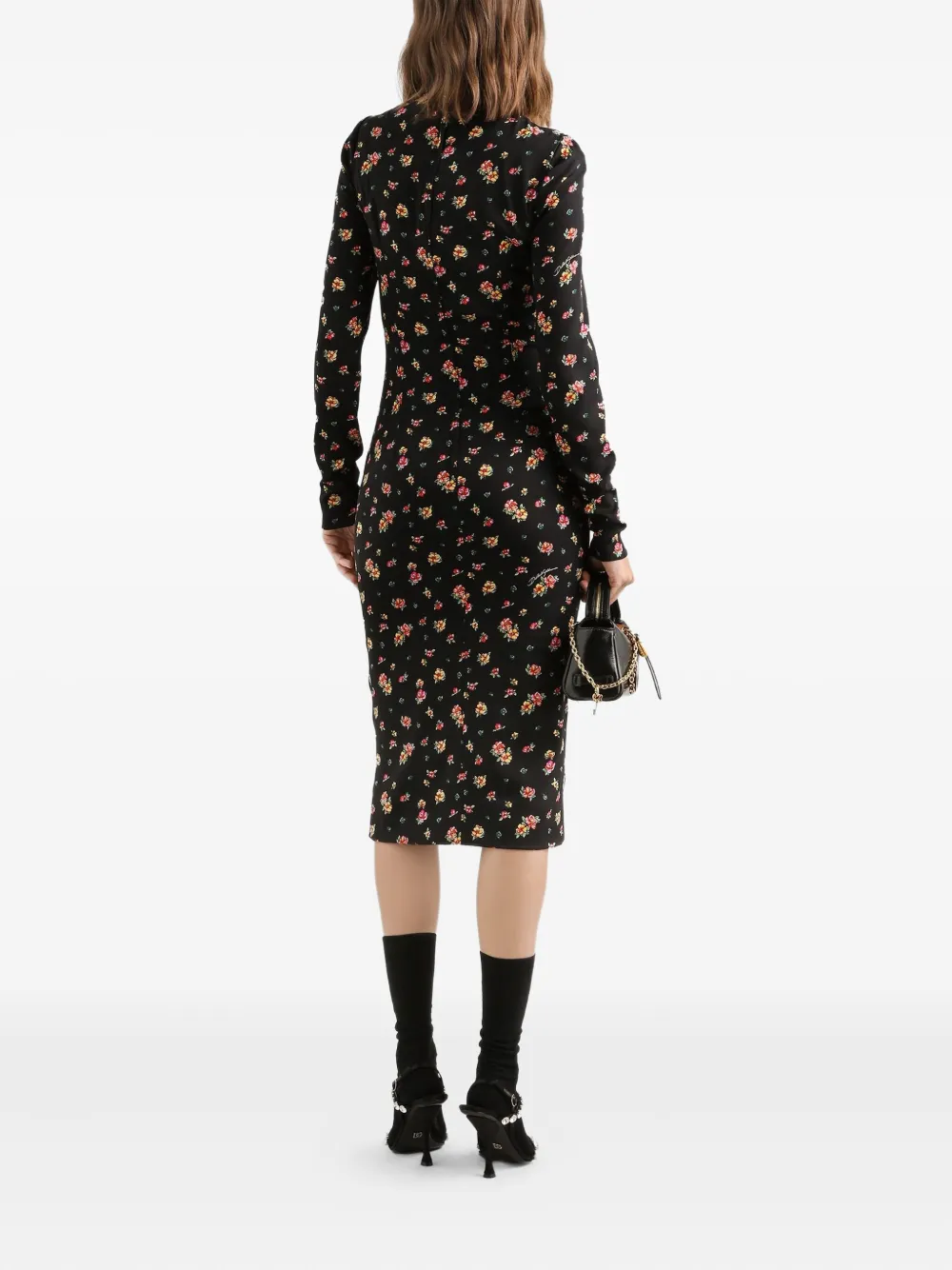 Платье миди с длинными рукавами и цветочным принтом Dolce & Gabbana, черный — фото 3