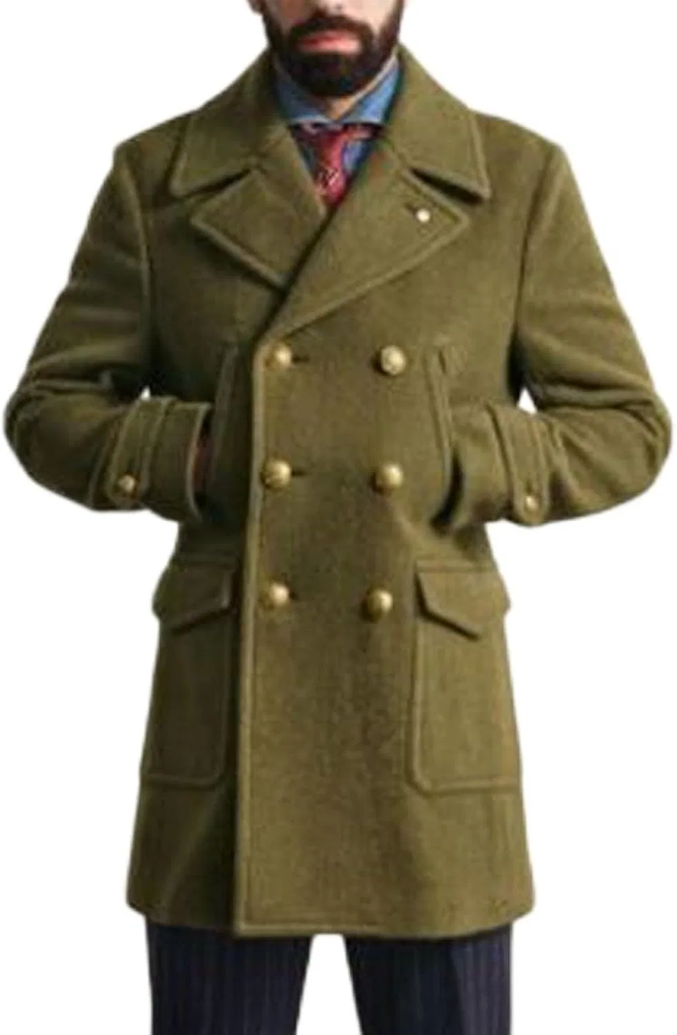 Мужское пальто в стиле милитари Preppy Naval Officer Uniform из смесовой шерсти, утепленное, с отложным воротником, ветровка generic, зеленый