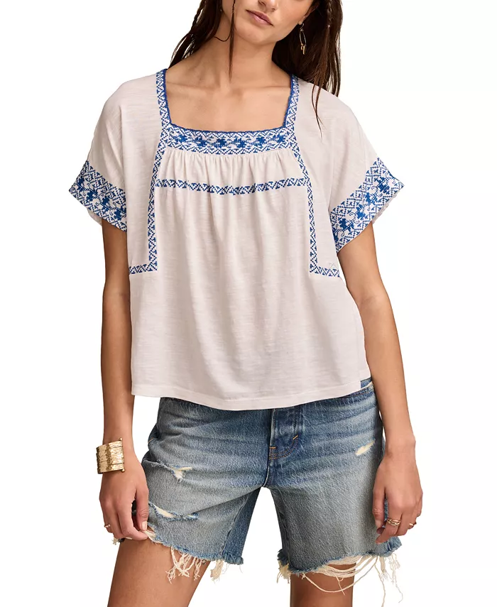 

Женская хлопковая футболка с коротким рукавом и вышивкой Lucky Brand, белый