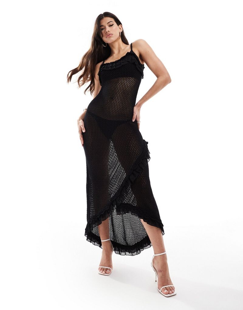

Черное трикотажное платье макси с плетеной оборкой ASOS DESIGN