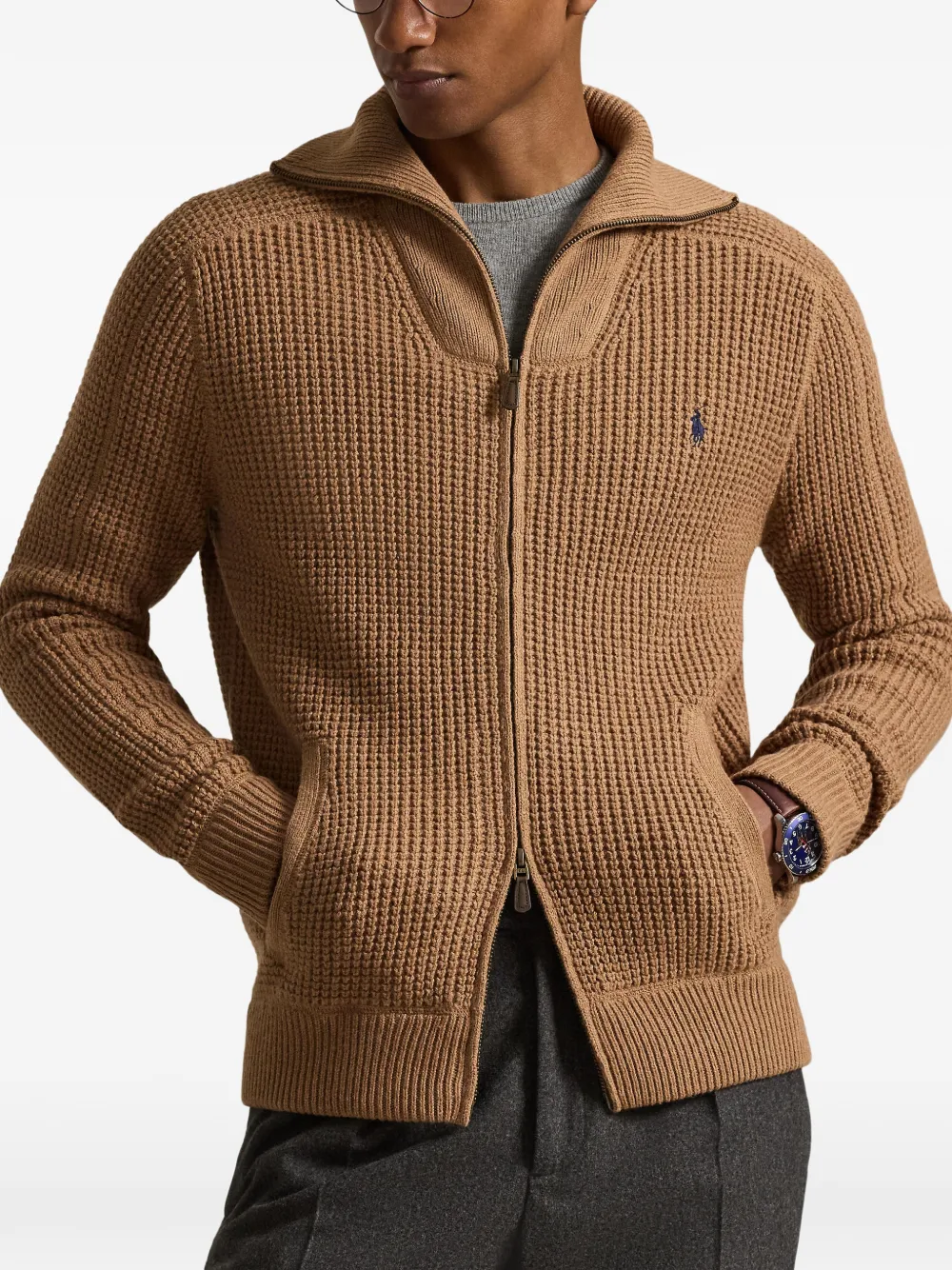 Вязаный свитер на молнии из шерсти и хлопка вафельной вязки | Вьетнам Polo Ralph Lauren, коричневый — фото 3