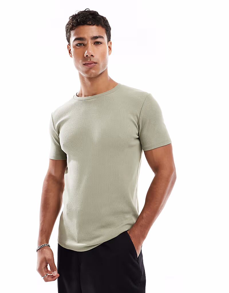 

Футболка Muscle Fit из рубчика цвета хаки Asos Design