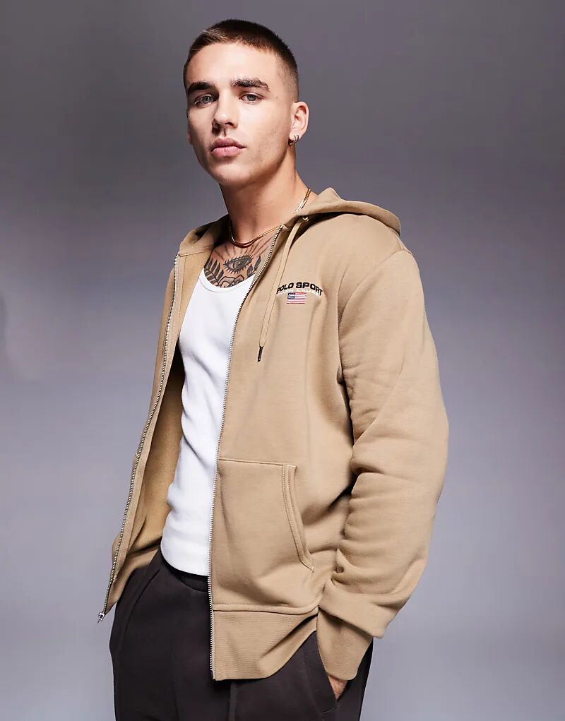 

Толстовка с капюшоном на молнии с логотипом Sports Capsule бежевого цвета Polo Ralph Lauren